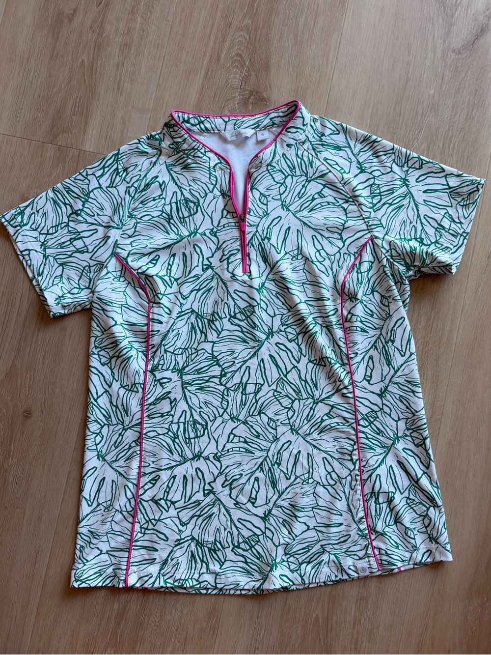 Lady Hagen White Short-Sleeve Top with Green Leaf Print and Pink Trim